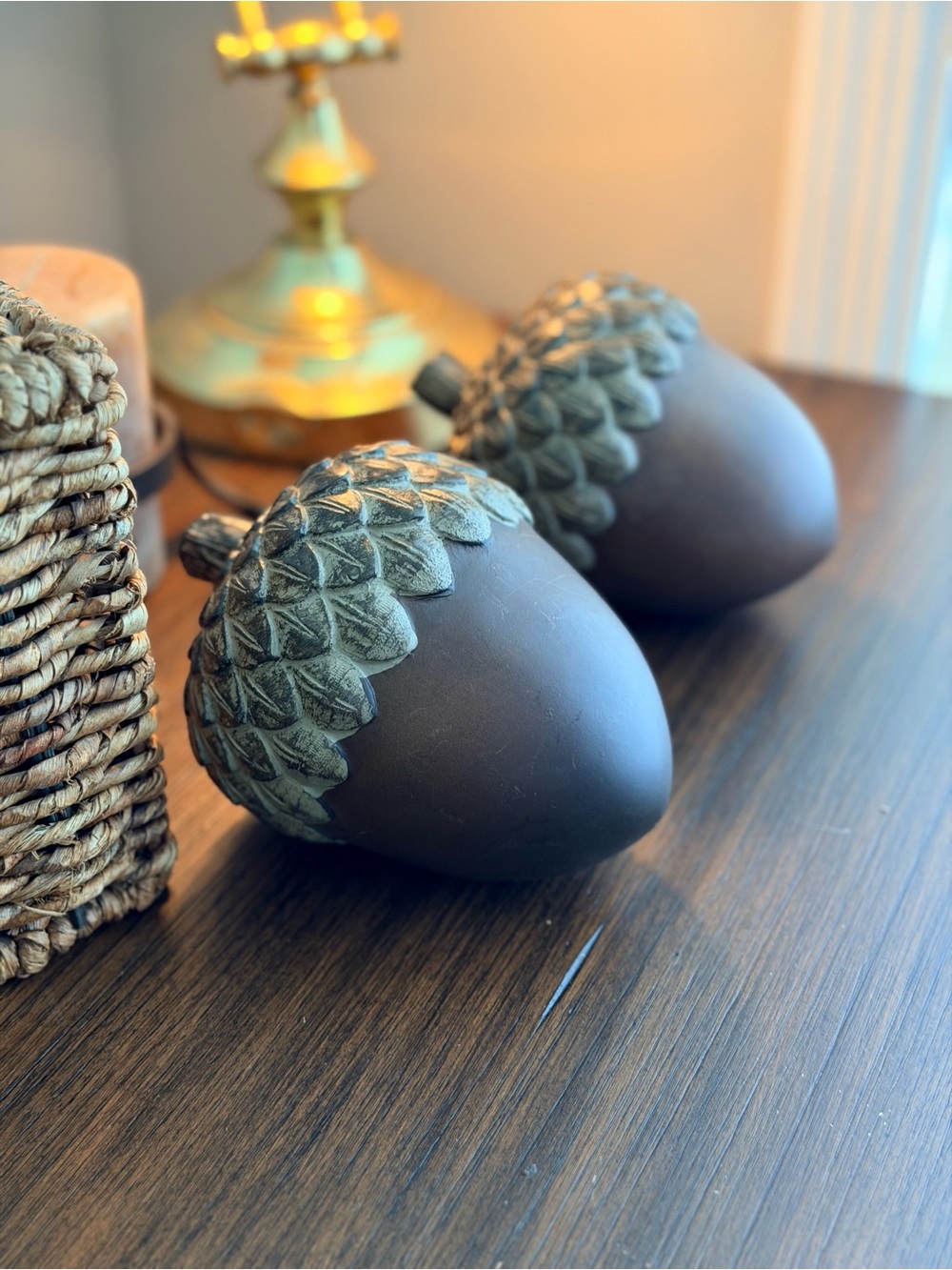 Decorative Acorn Accent Pair - Brown with Aged Green Caps